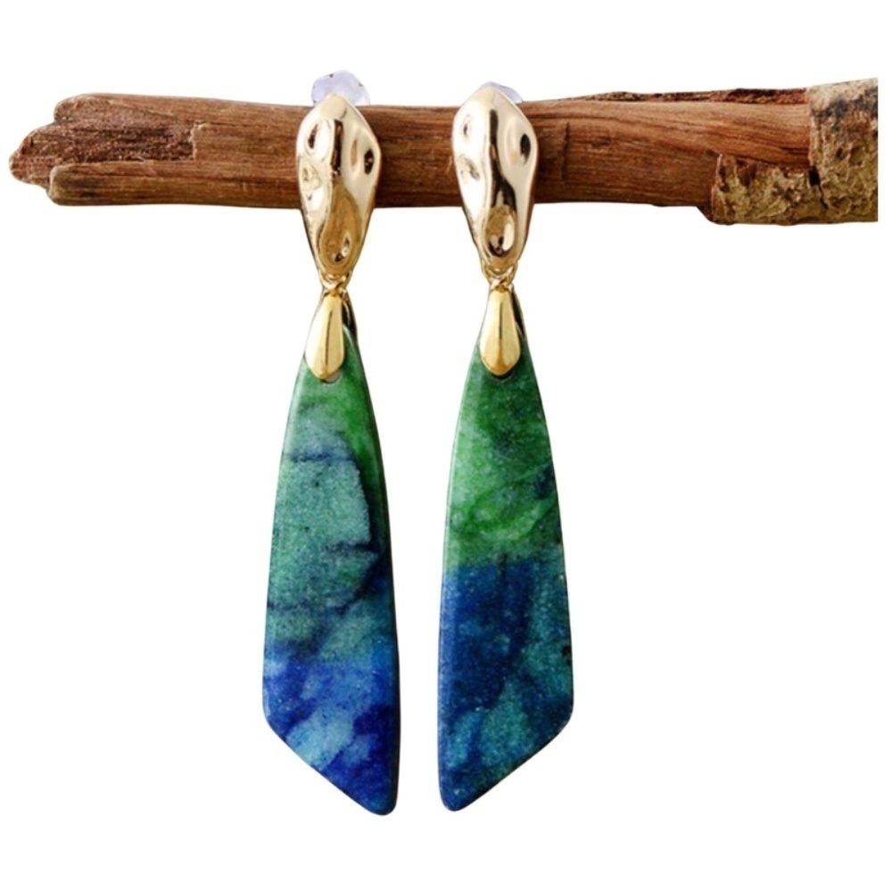 Blue & Green Jade Hammered Post Drop Earrings